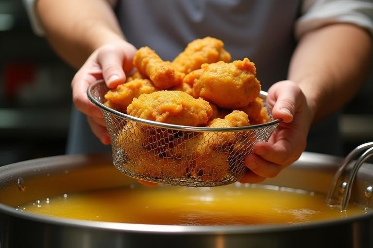 Hähnchen wird vorsichtig in eine Fritteuse gelegt