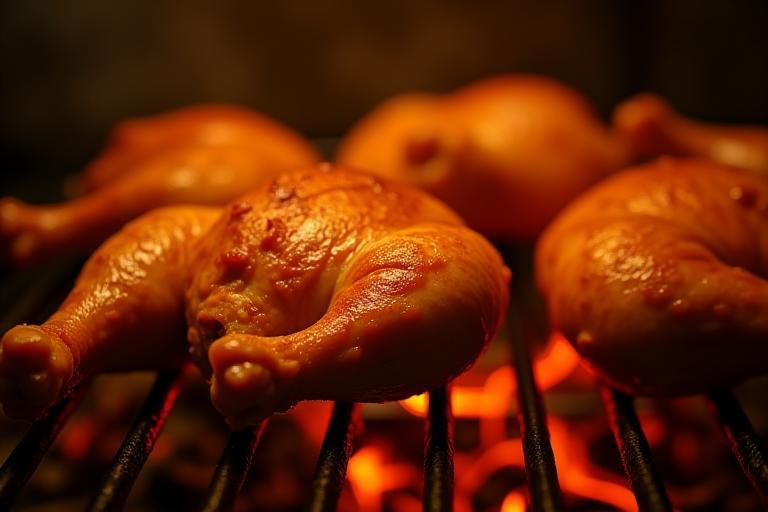Hähnchen grillt über offener Flamme